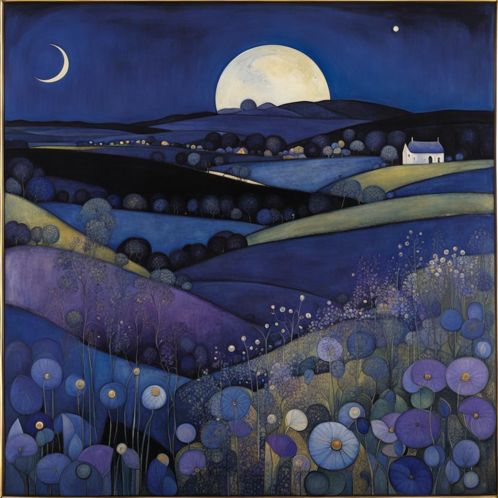 Violet-Tinted Night Landscape in Decorative Style