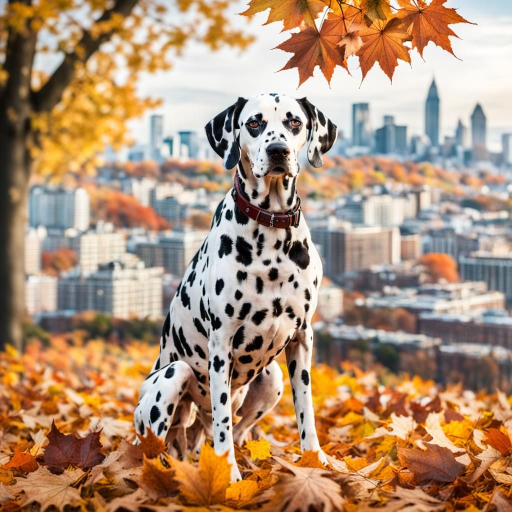 Dalmatian Dog in Autumn Leaves Cityscape