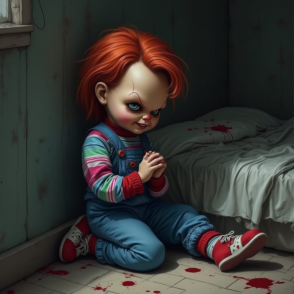 Eerie Doll Kneeling in Prayer: Horror Concept Art