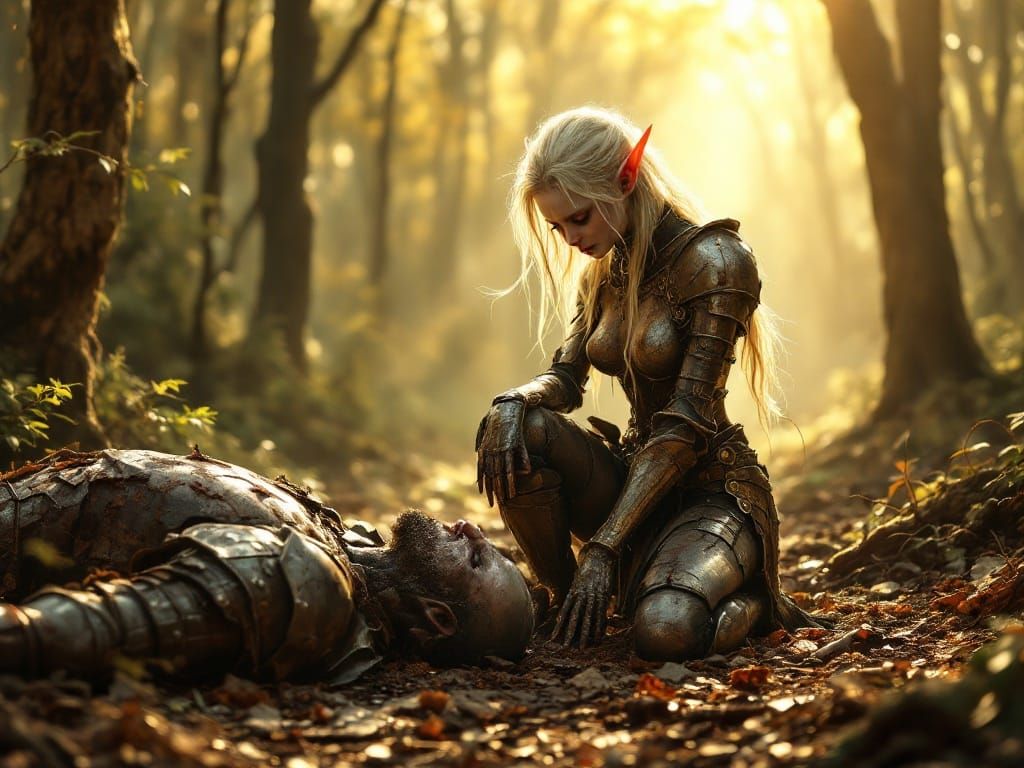 Alien Elf Mourns Knight in Sunlit Forest