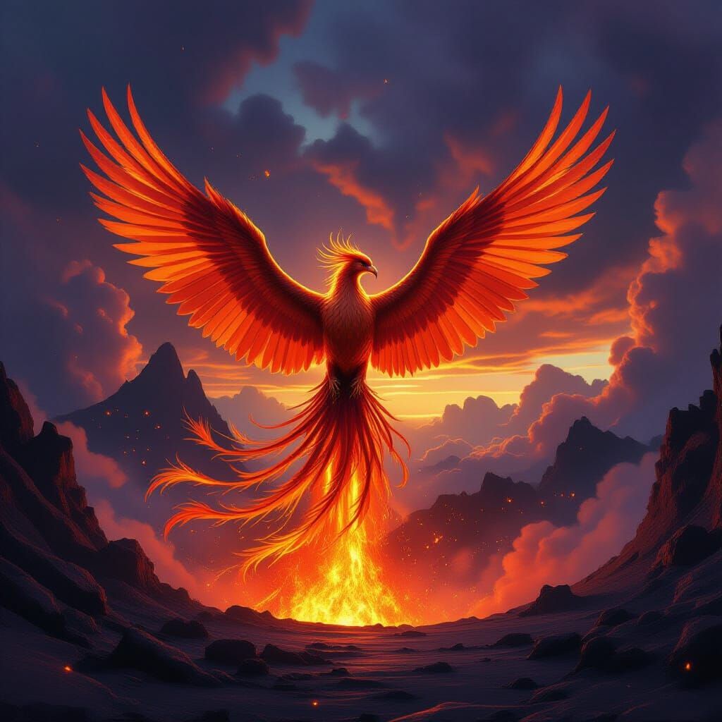 Majestic Phoenix Erupts From Volcanic Caldera in Epic Fantas...