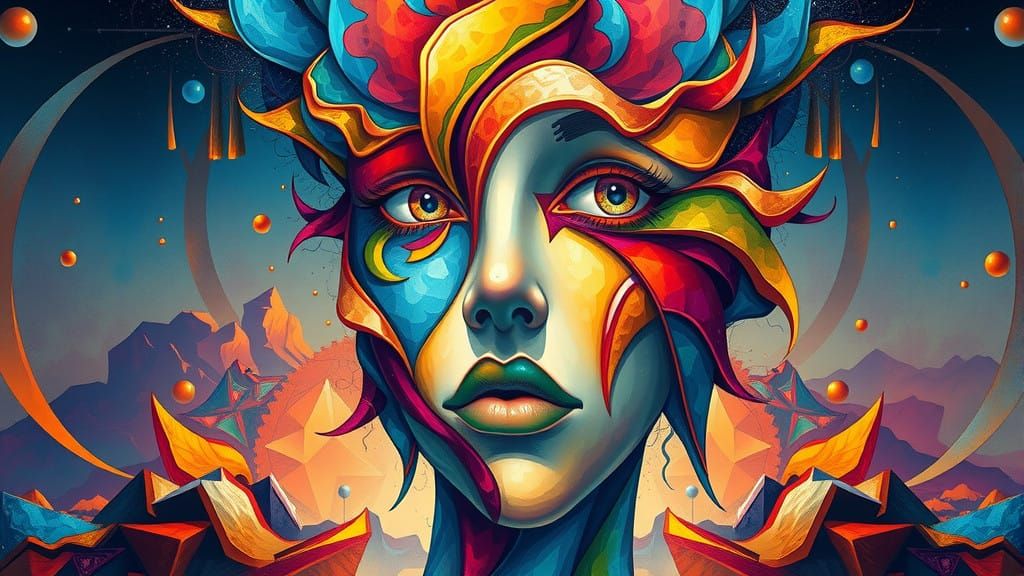 Geometric Abstract Surrealist Face in Swirling Alcohol Ink