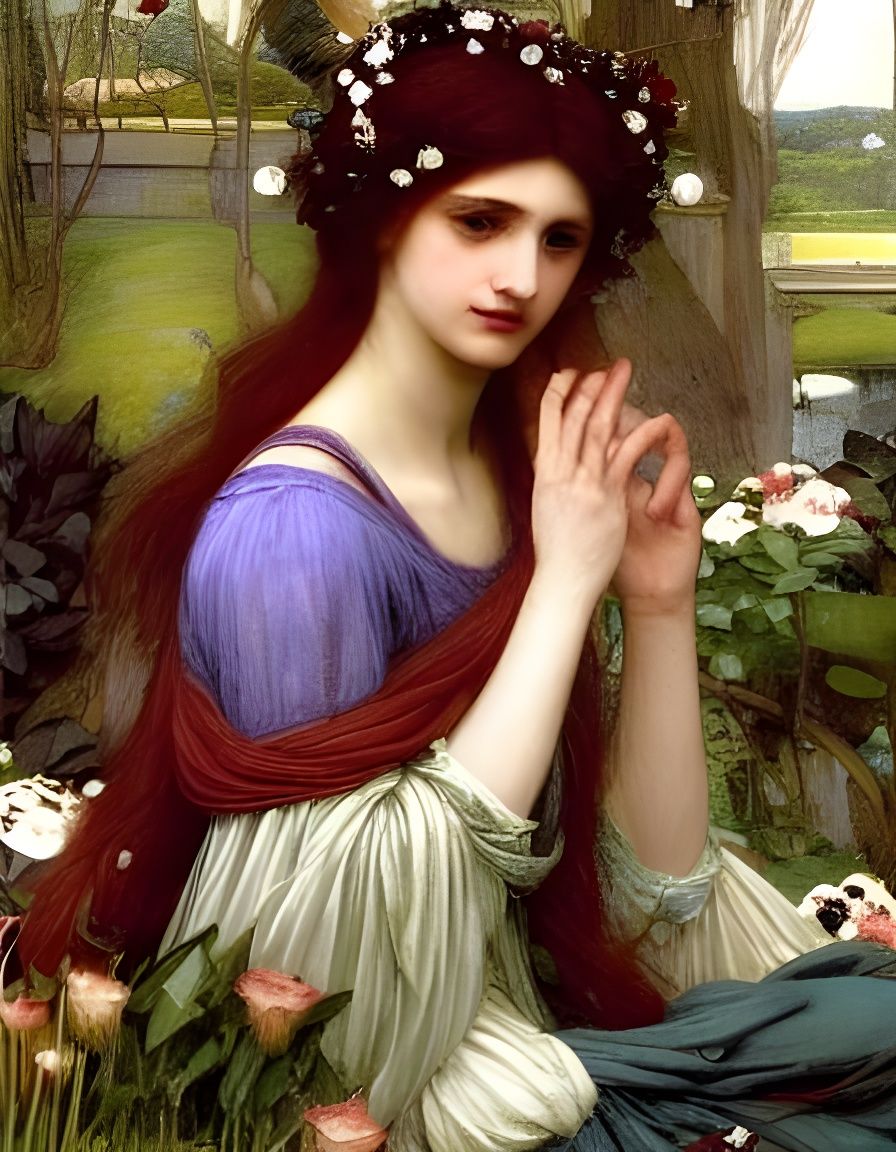 Maiden by Riverbank in Pre-Raphaelite Style