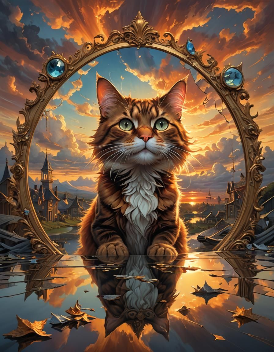 Smiling Cat Reflected in Broken Sunset Mirrors