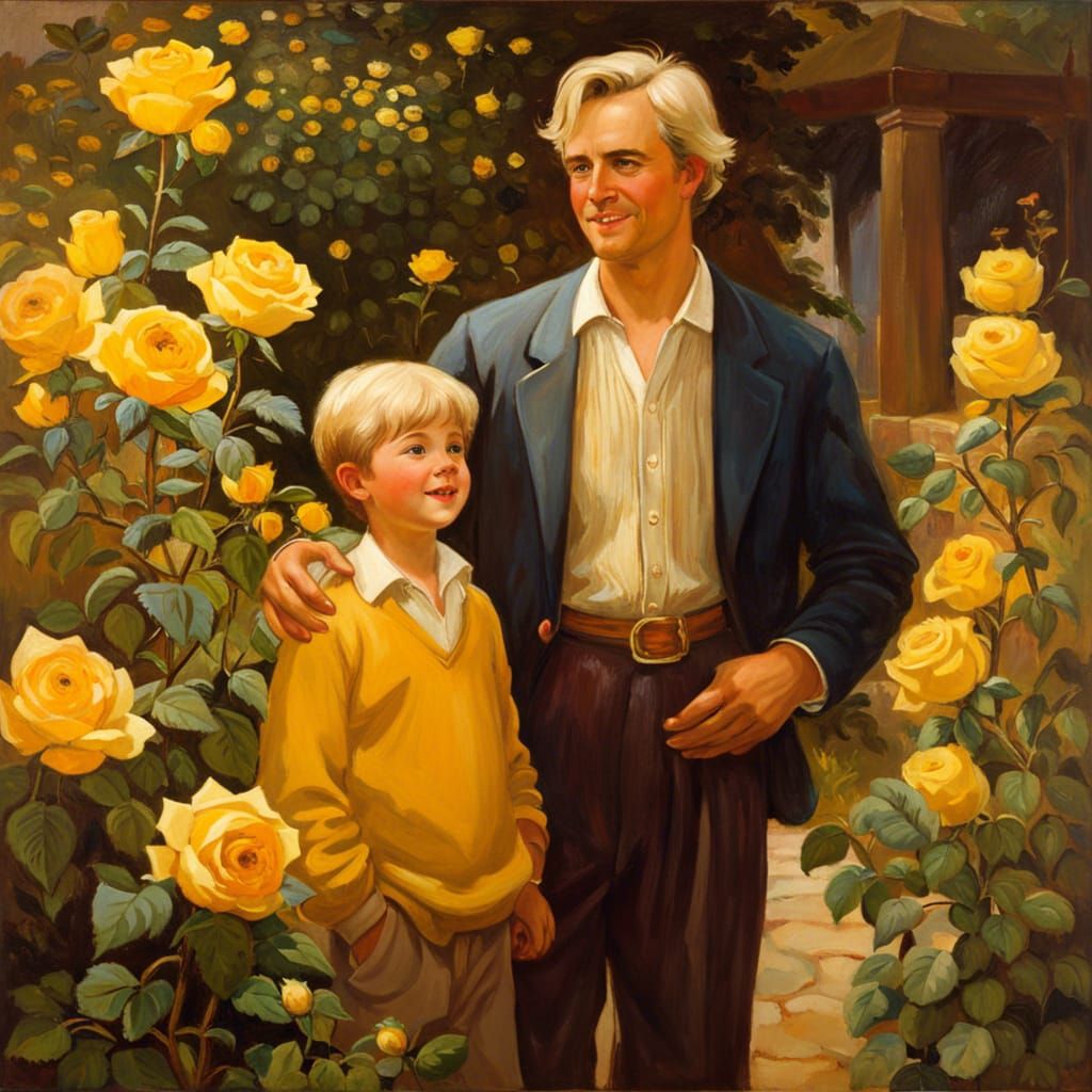 Family in Rose Garden, Impressionistic Oil Painting