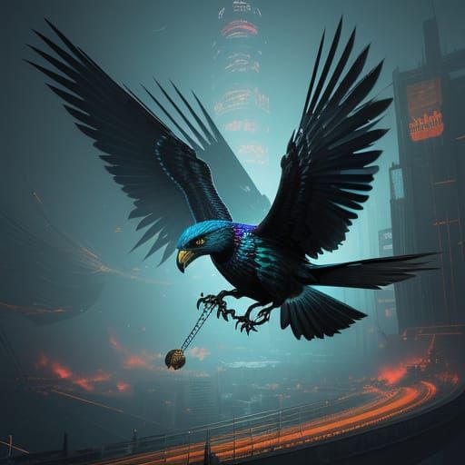 Cyberpunk Bird in Fiery Inferno, surrounded by Foucault Pend...