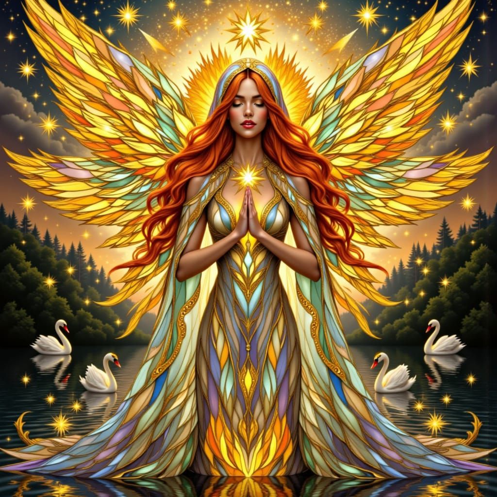 Divine Swan Goddess in Radiant Morning Sky