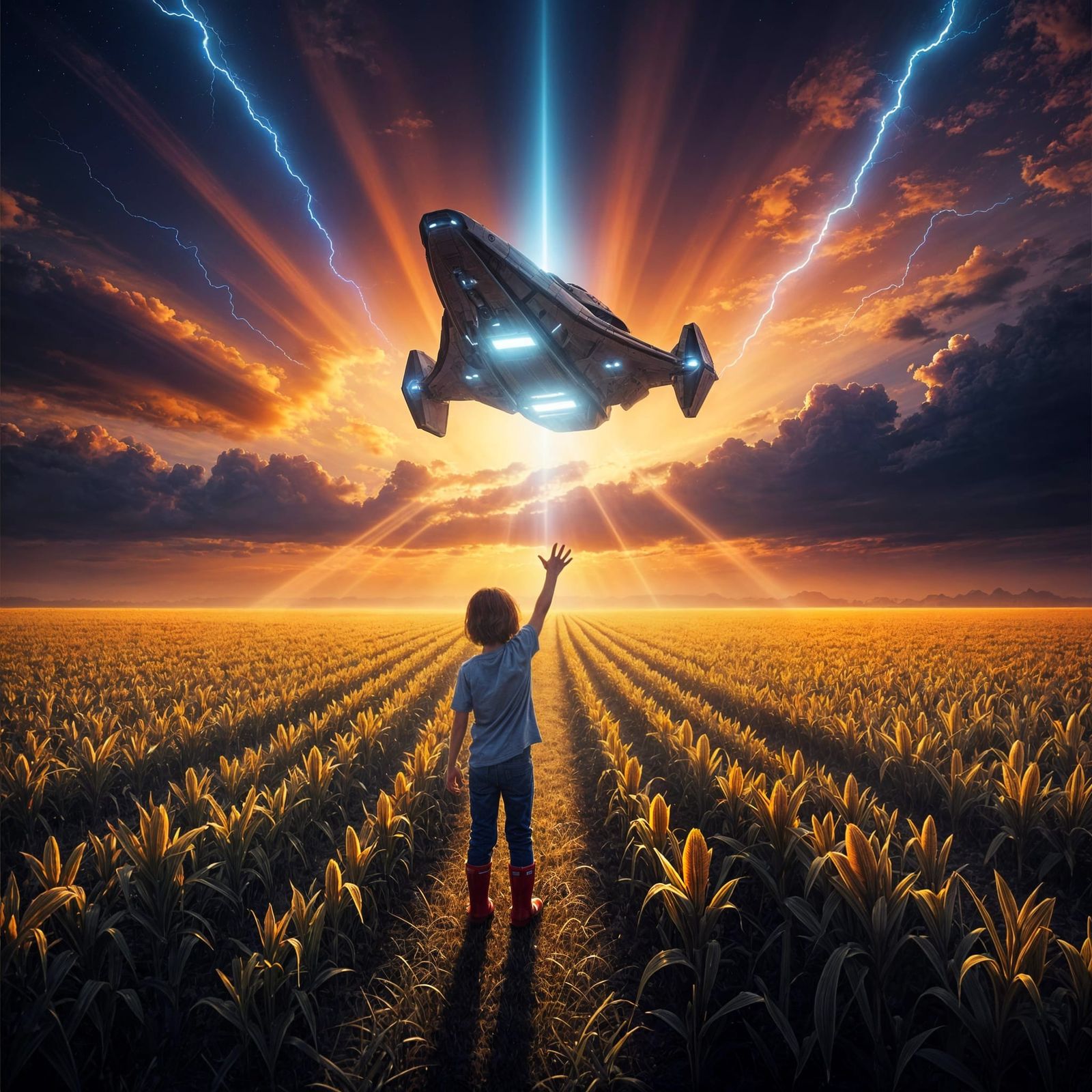 Glowing Spaceship Descends Over Golden Cornfield at Sunset