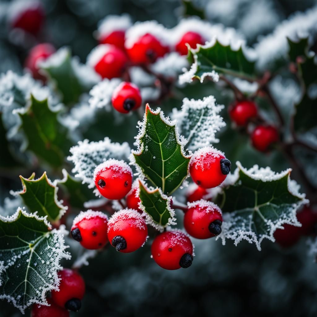 Macro Photograph of a Frosty Holly Bush
