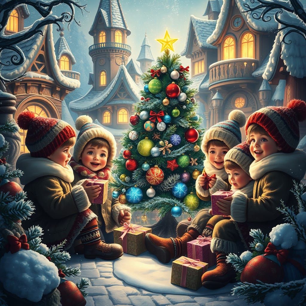 Children Share Christmas Gifts Under Enchanted Winter Villag...