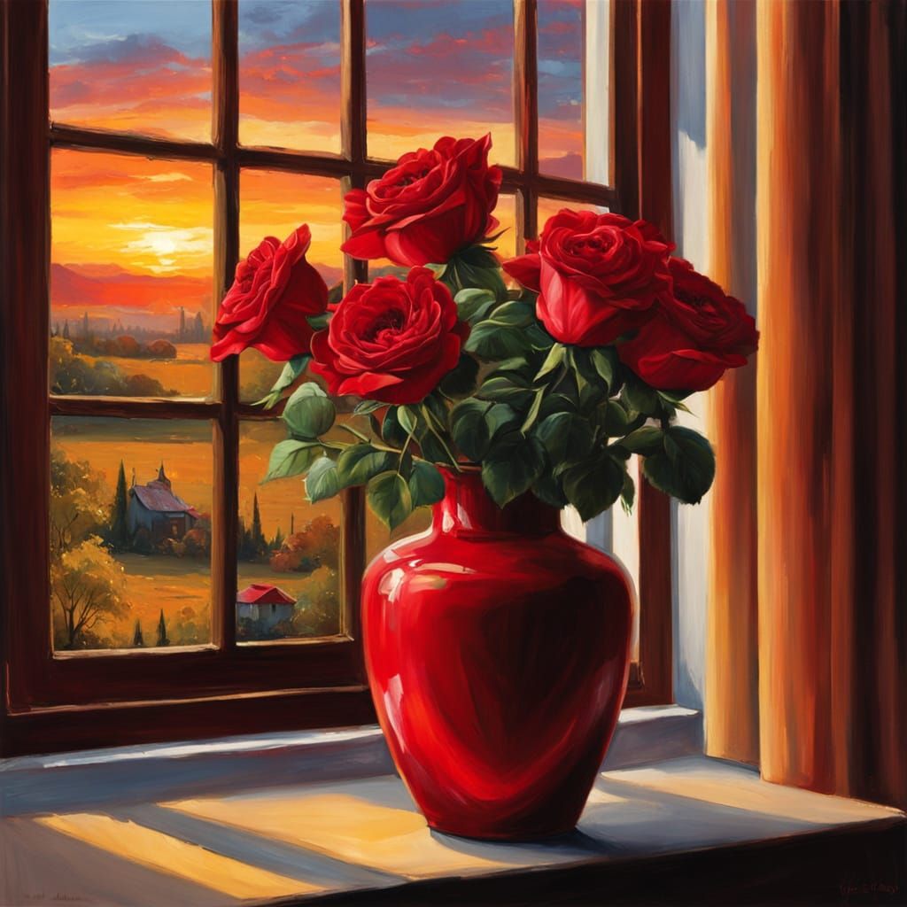 Expressionist Red Roses at Sunset Window