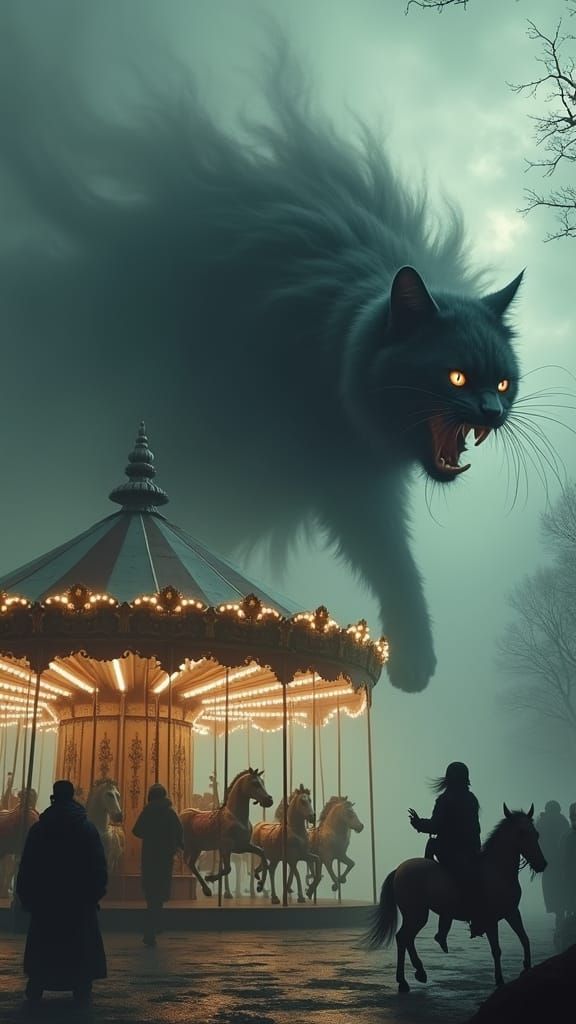 Ghost Cat Over Carousel in Dramatic, Horror Style