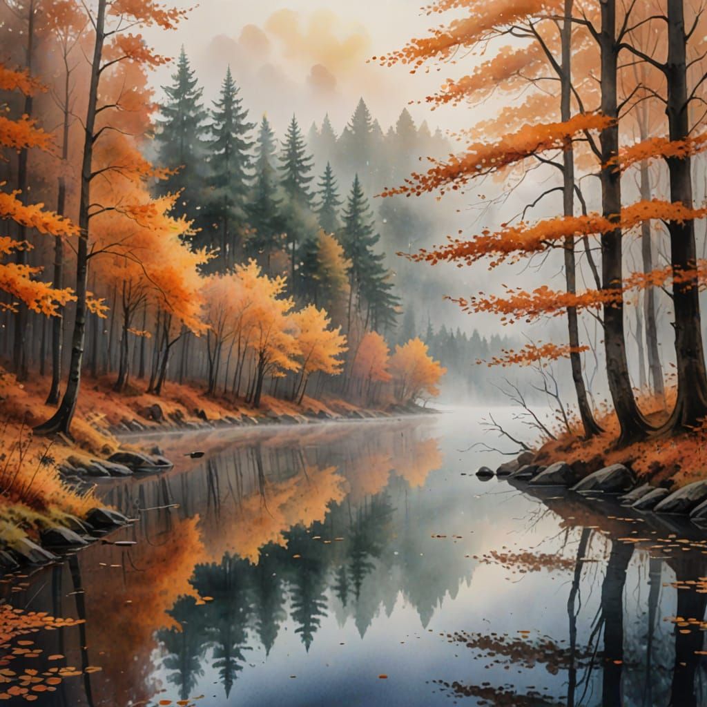Peaceful Foggy Autumn Forest Lake in Watercolor
