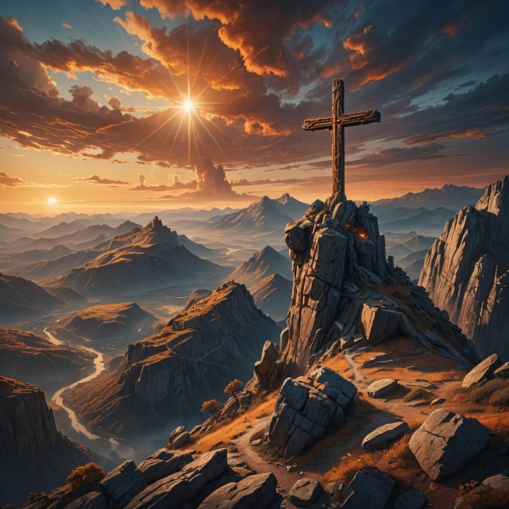 Giant Cross on Mountain at Sunset: Fantasy Art