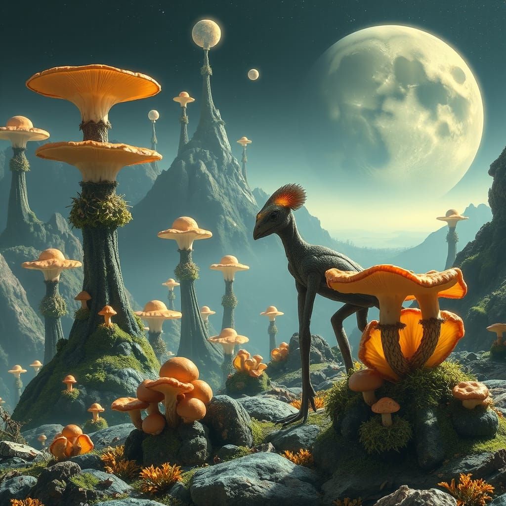 Alien Exoplanet Vista with Xenobiological Hybrid Species