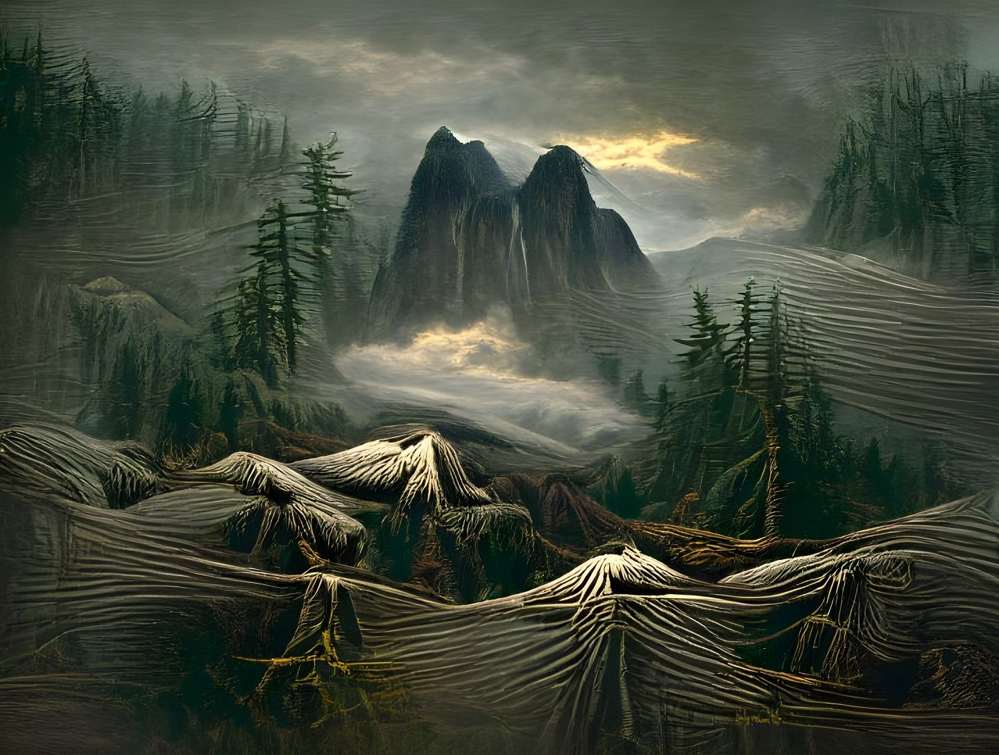 Misty Pacific Northwest in Gustave Doré Style