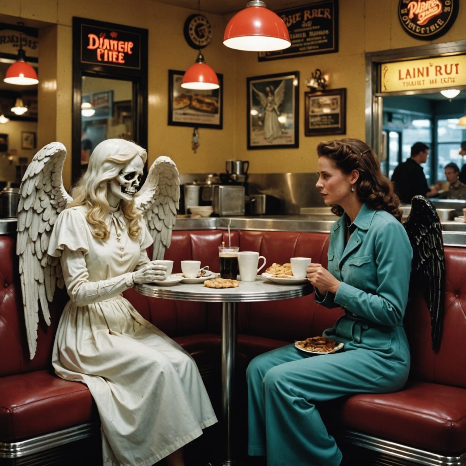 Mysterious Figures Share a Booth in a Cozy Diner, Discussing...