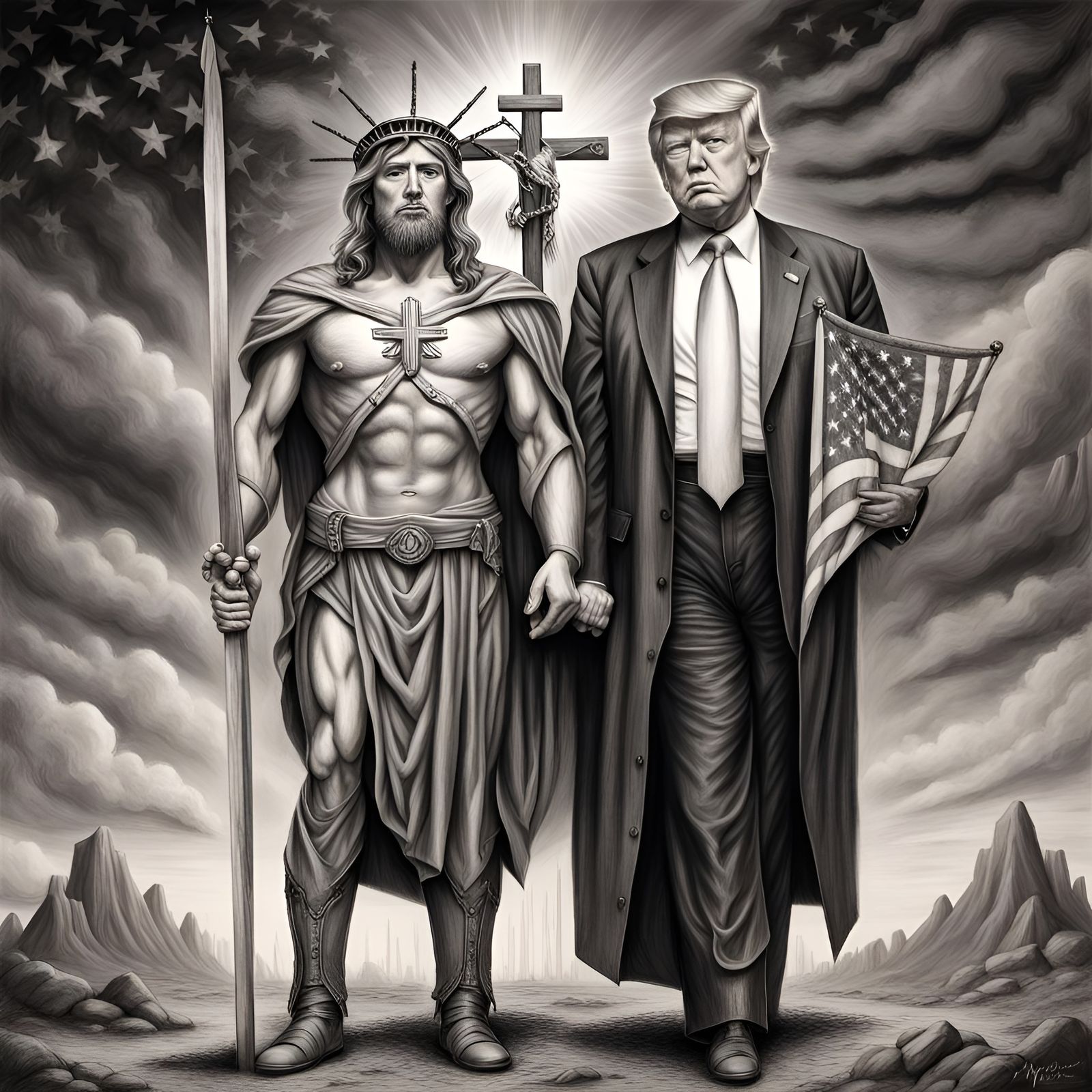 Trump with Jesus: A Hyperdetailed Charcoal Drawing