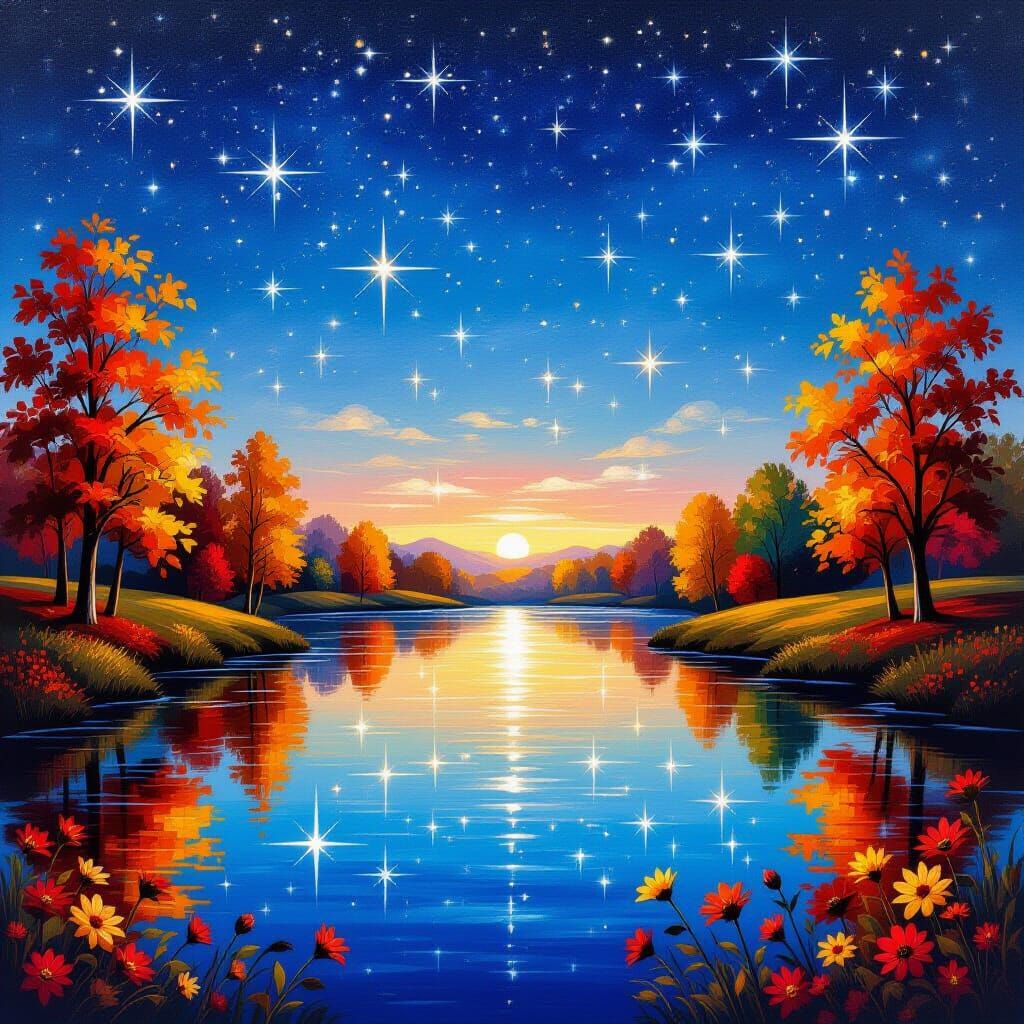 Sparkling Autumn Night Sky Reflected in River