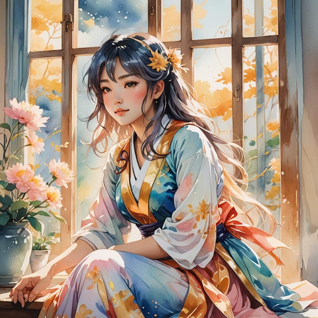 Anime Woman Cosplay in Vibrant Watercolor Style