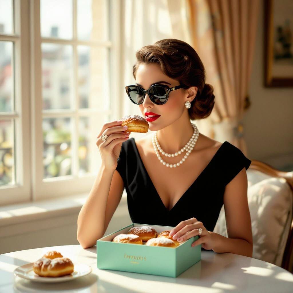 Elegant Woman Enjoys Pastries in Sunlit Apartment