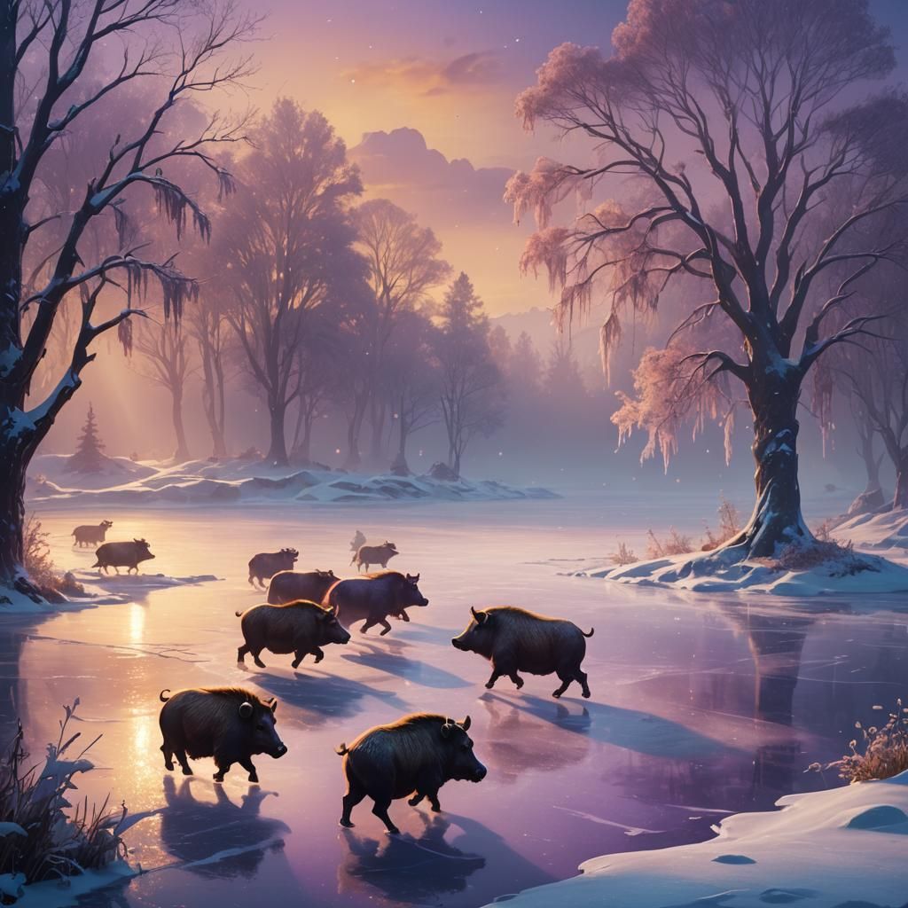 Boars Ice Skating on a Frozen Lake