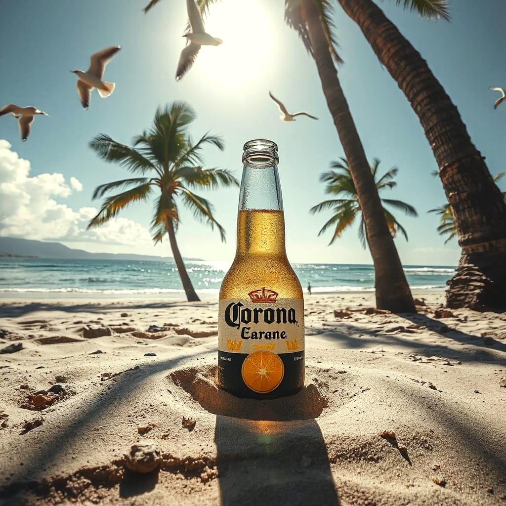 Corona on a Beach: Hyperrealistic Cinematic Image