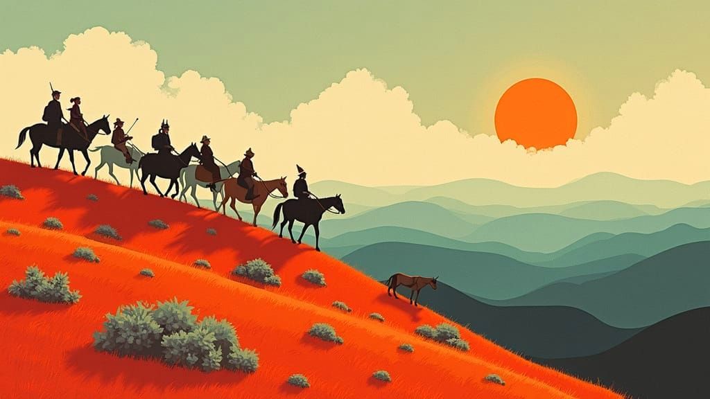 Vibrant Hilltop Parade in Whimsical Style