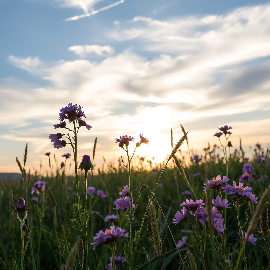 Champ de fleurs sauvages à la lumière du coucher du soleil. ...