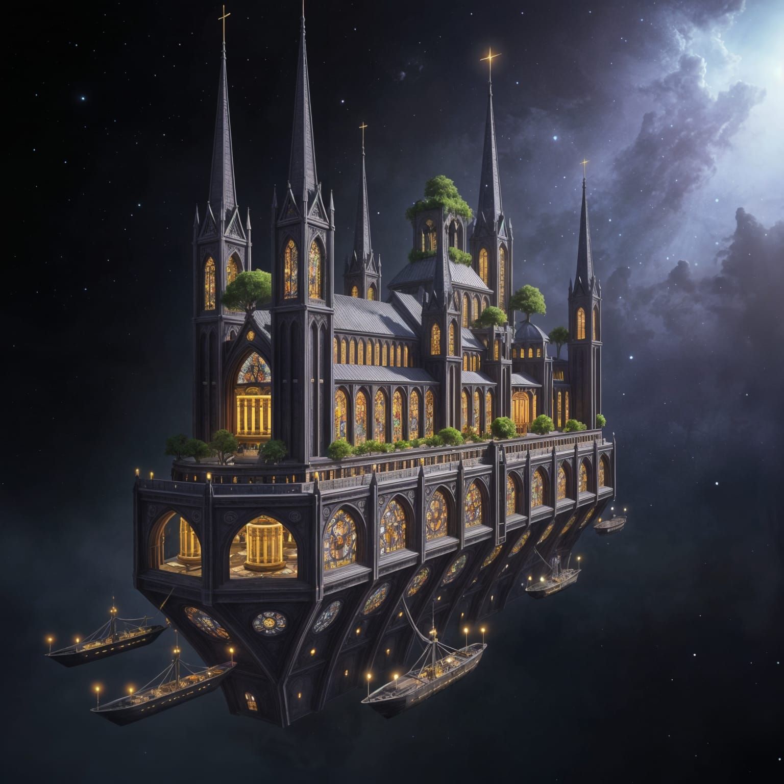 Gothic Cathedral Ship Navigates Cosmic Nebula