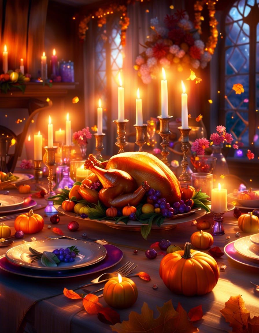 Magical Thanksgiving with Flying Candles in Photorealistic S...