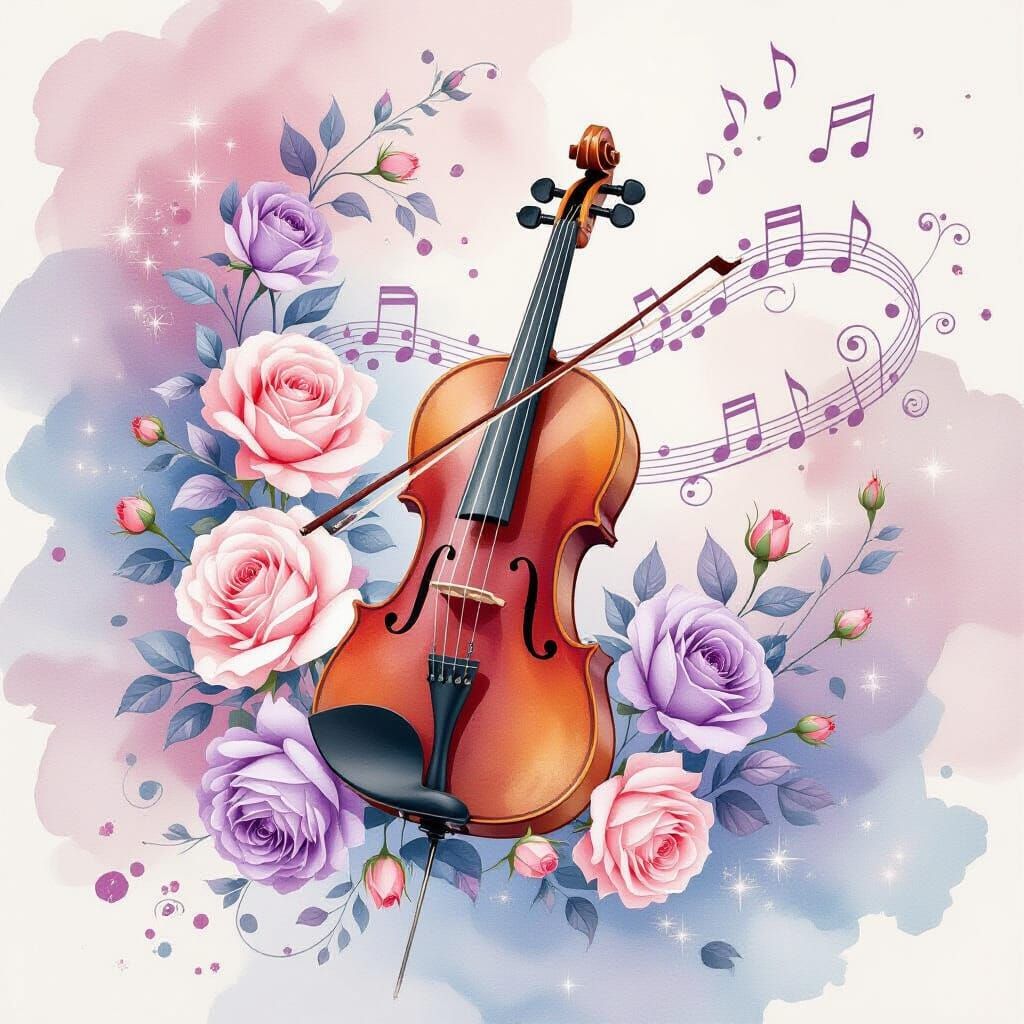 Elegant Violin with Roses, Watercolor Splashes and Musical N...