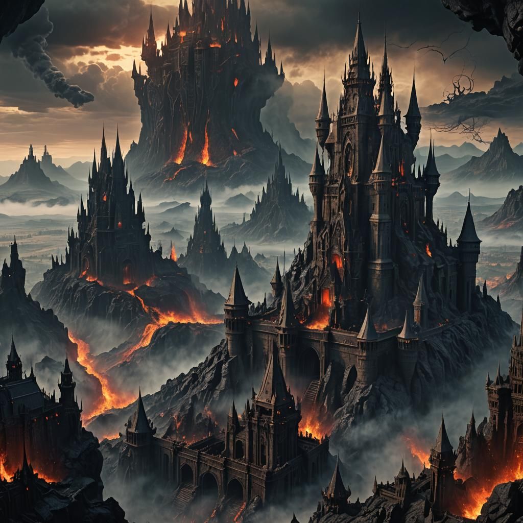 Demon Castle in Fiery Landscape, Gothic Horror Style