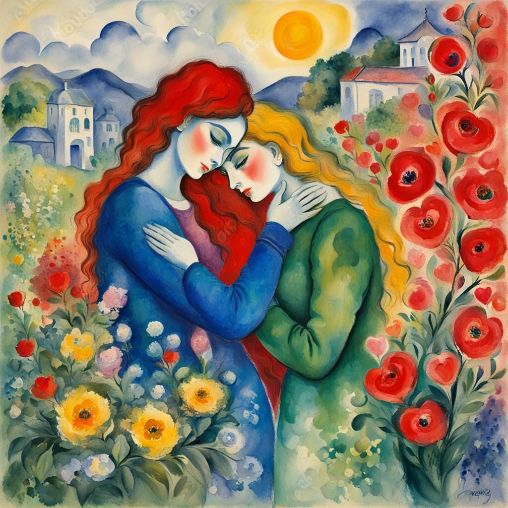 Two Women in Love: Gouache Impressionist Masterpiece