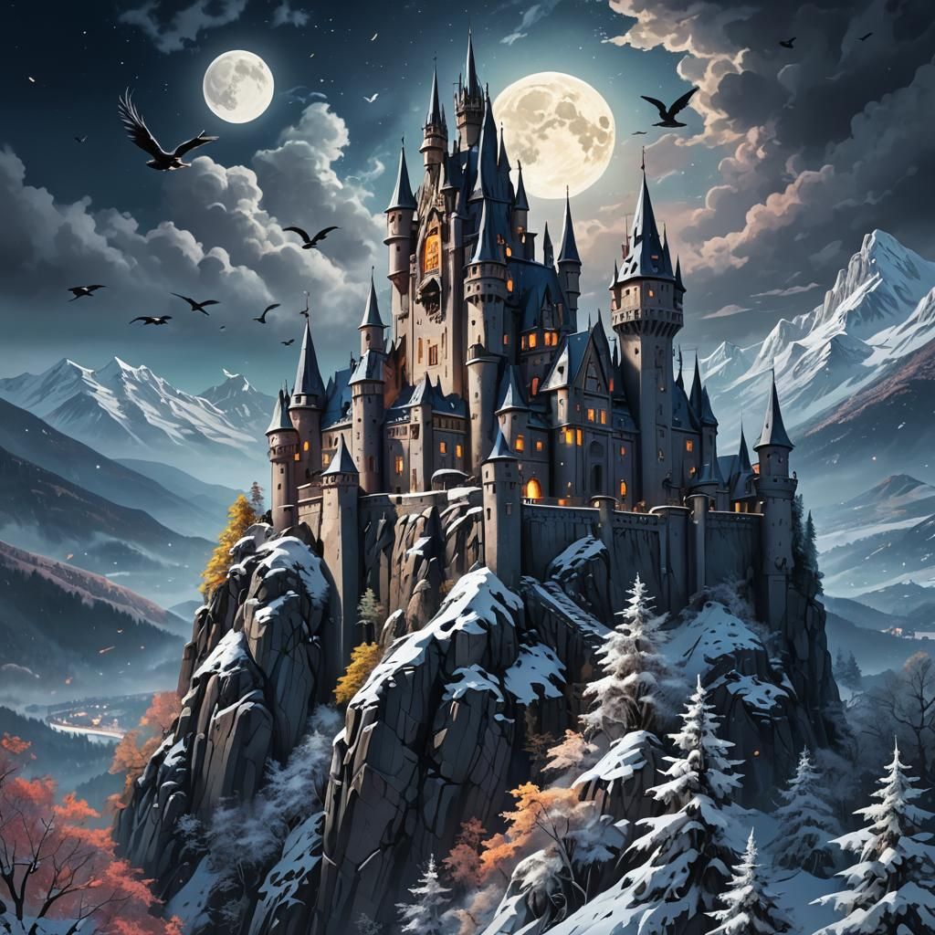 Moonlit castle on hilltop