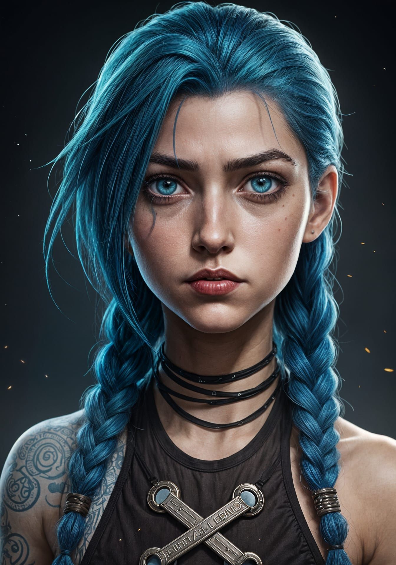 Jinx, the Blue-Haired Arcane Assassin in Cyberpunk Style