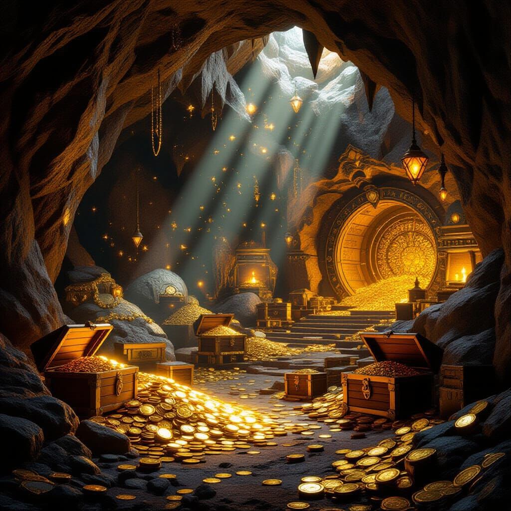 Majestic Ali Baba Cave with Treasures in 3D Rendering