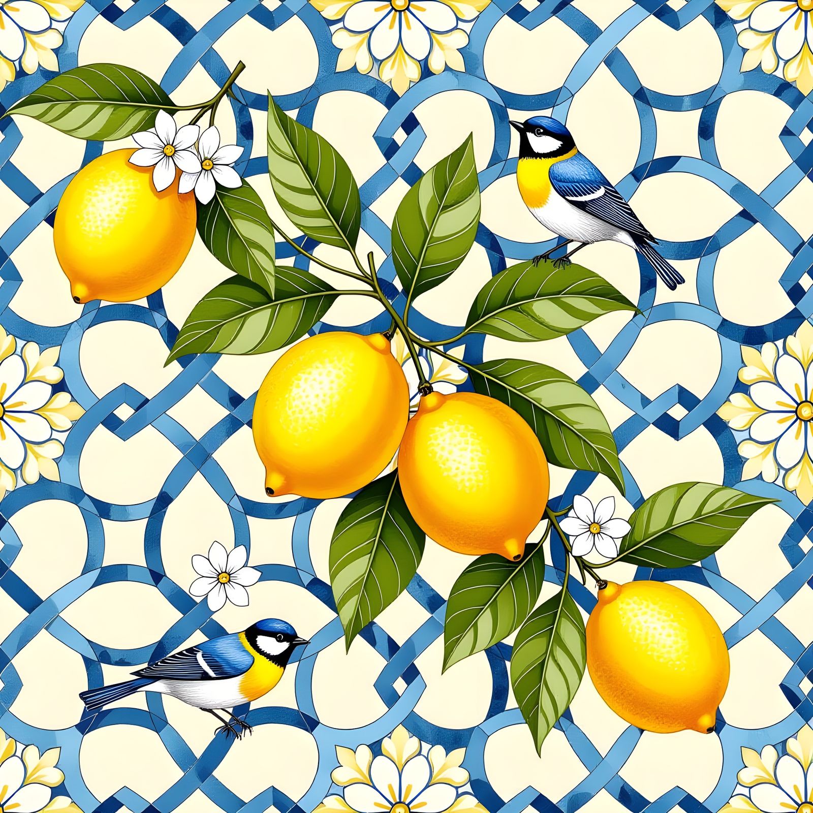 Italian Lemon Pattern with Blossoms and Birds