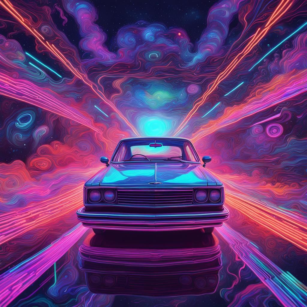 Neon Car in Astral Cosmic Holographic Illustration