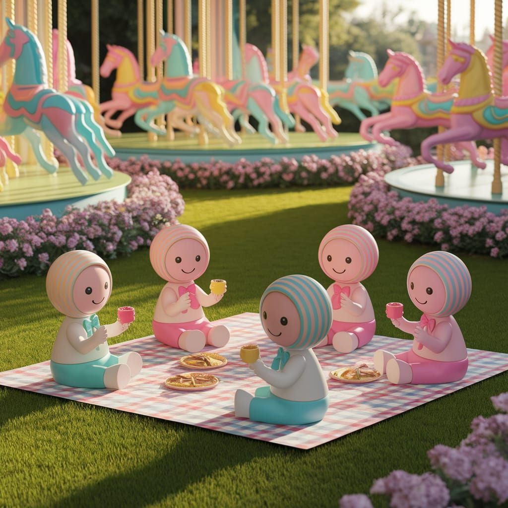 Whimsical Lollipop People Picnic in Pastel Amusement Park