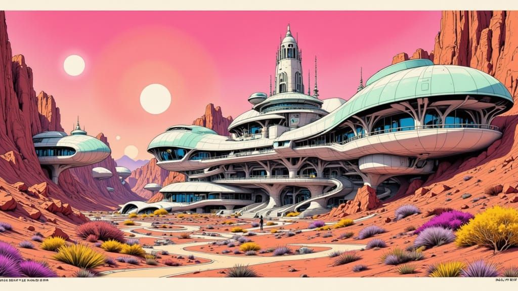 Retro-Futuristic Alien Fortress in Comic Book Style
