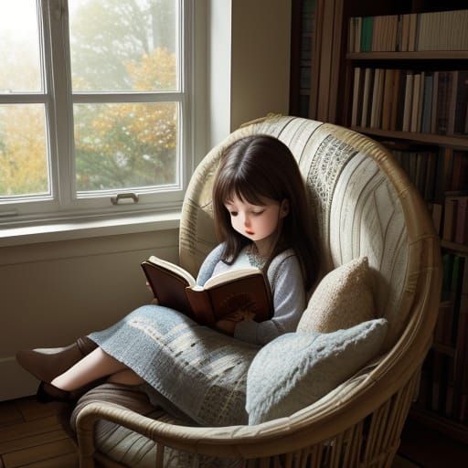 A brunette toddler reading a book in a cozy reading nook nea...
