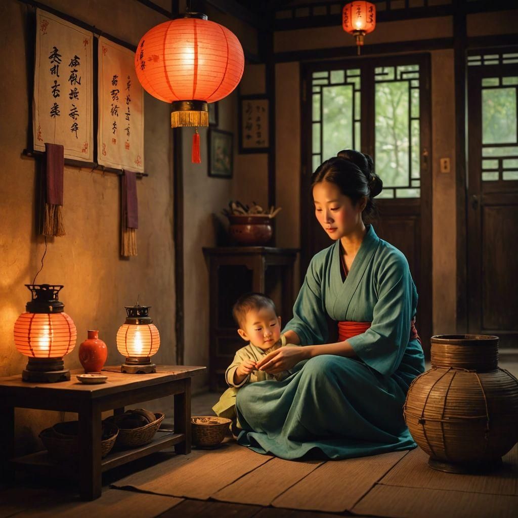 Ancient Chinese Mother Sewing Clothes, Detailed Matte Painti...