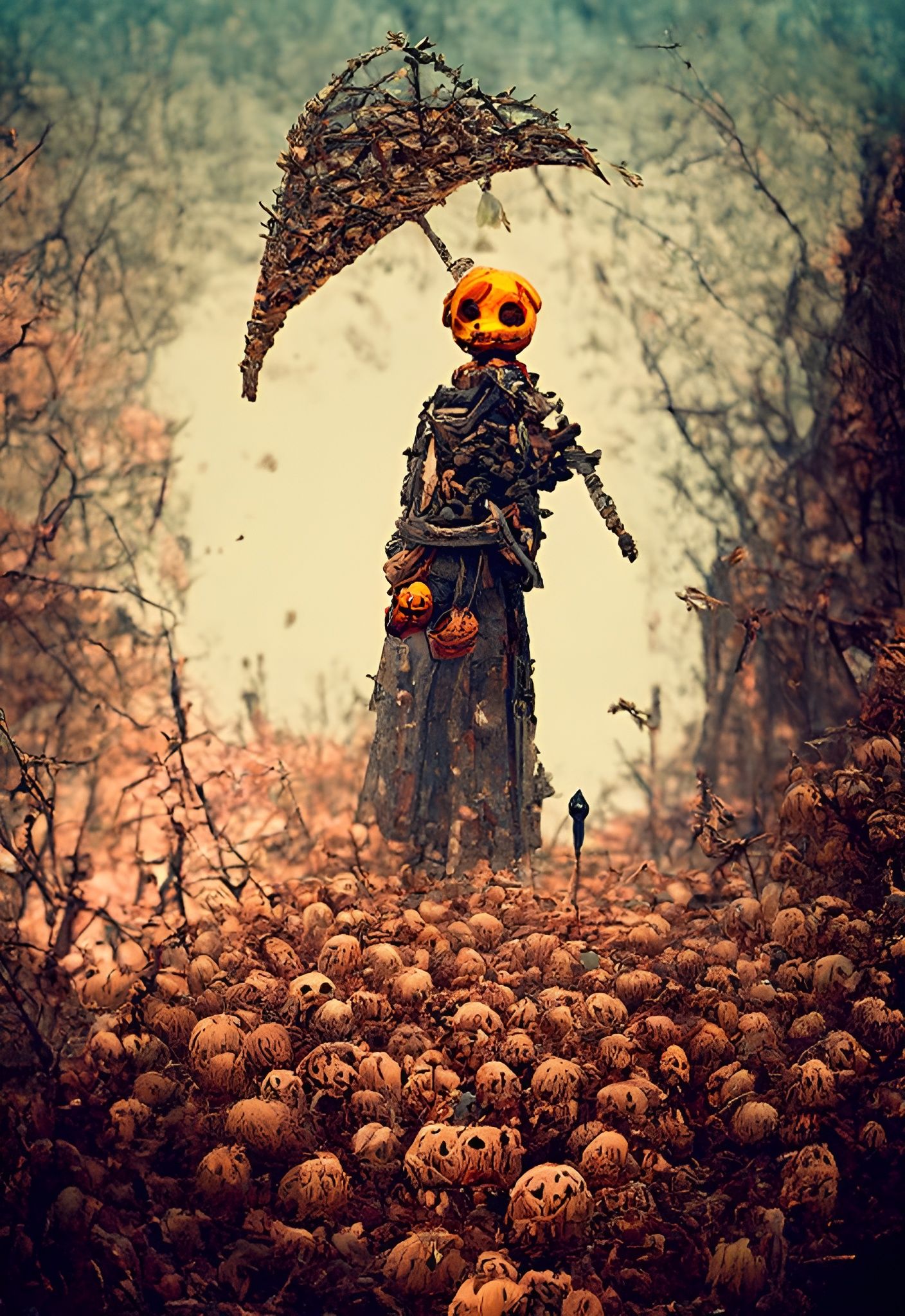 Pumpkin Headed Figure in Skull Graveyard