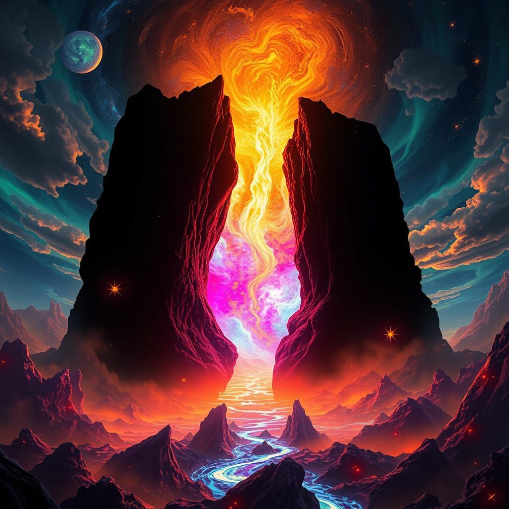 Towering Orbital Wormhole Silhouette in Iridescent Shadows