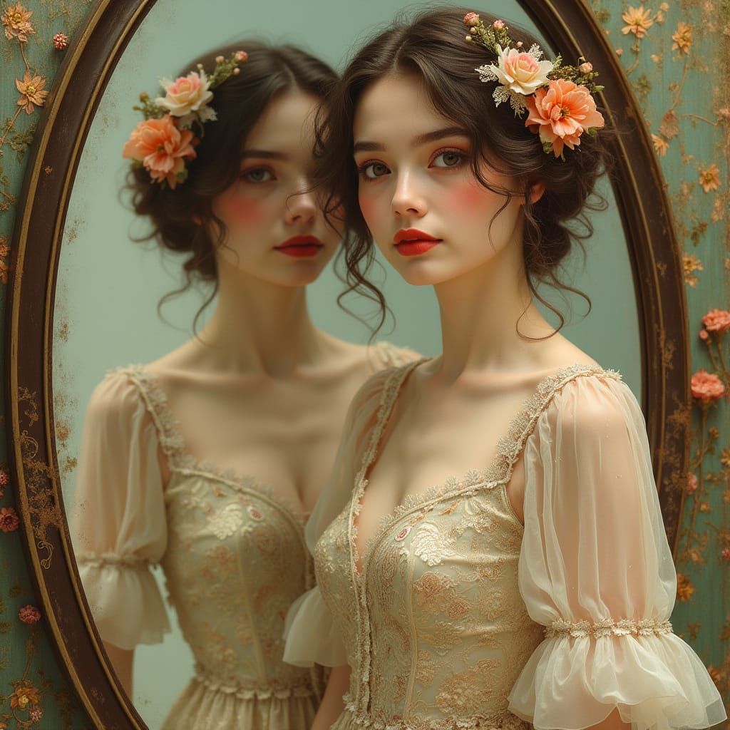 Elegant Woman Gazing into Mirror in Art Nouveau Style