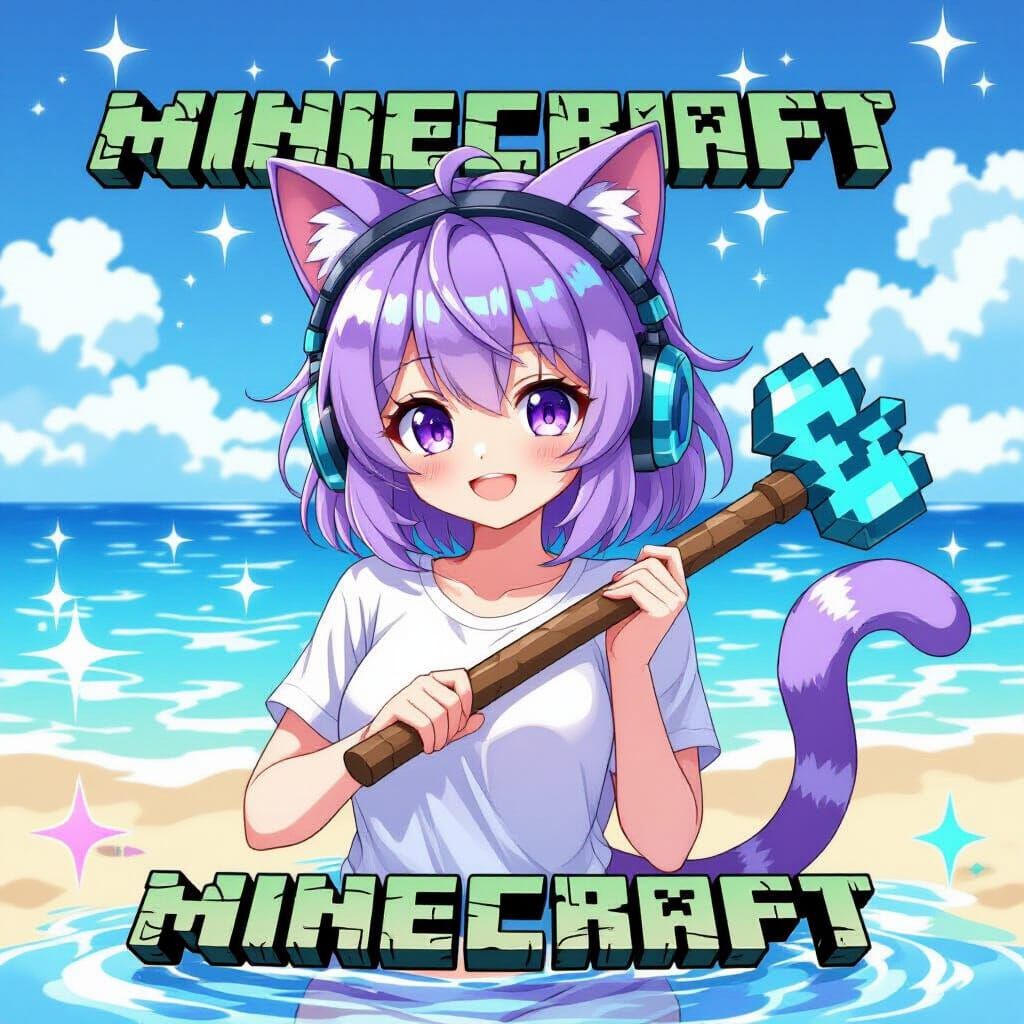 Anime Catgirl at the Beach with Minecraft Pickaxe