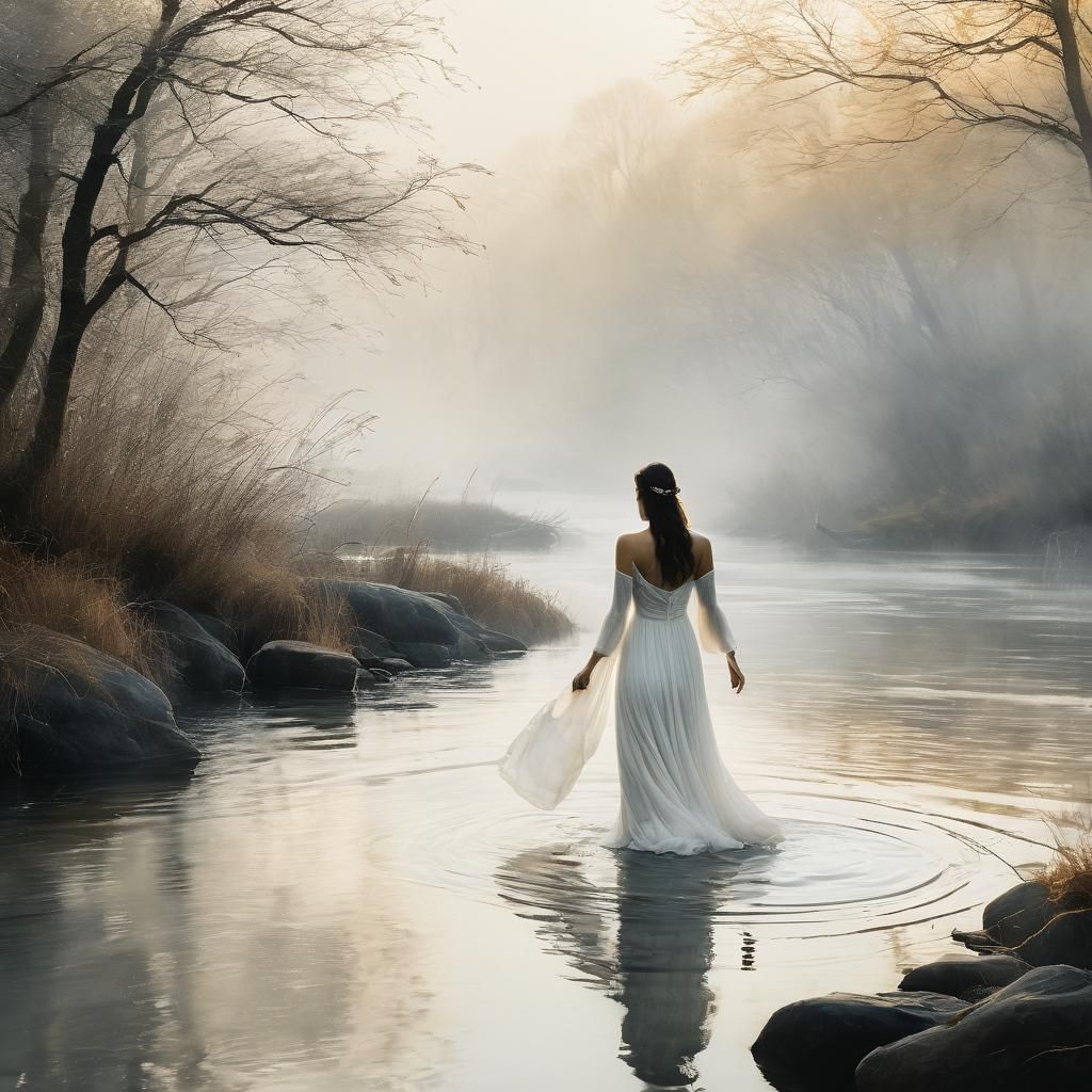 Woman Bathing in River: Whimsical Watercolour Painting