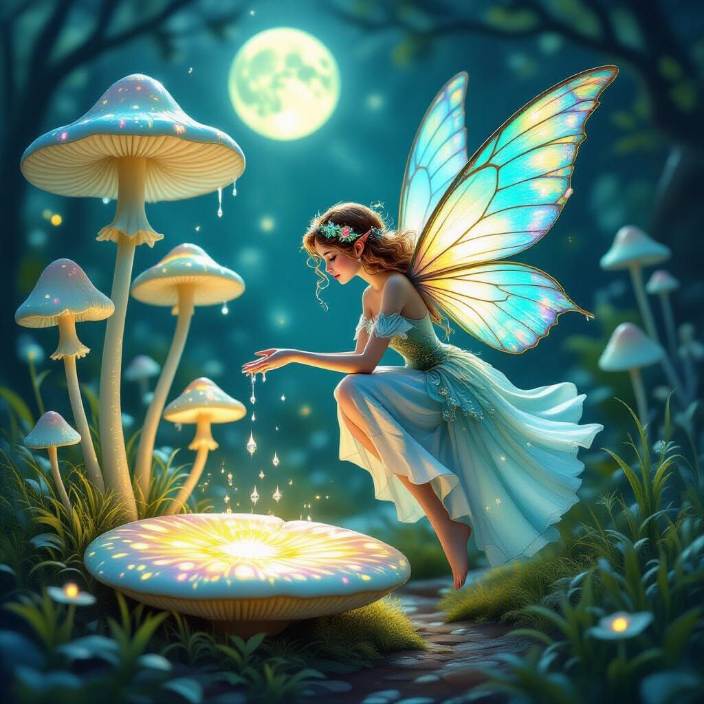 Magical Fairy Collects Dew Drops Near Mushroom Circle