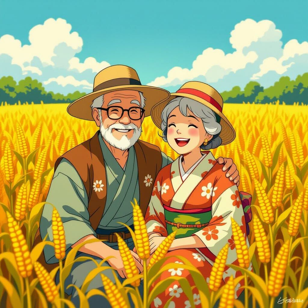 Happy Couple in Cornfield, Ghibli Style